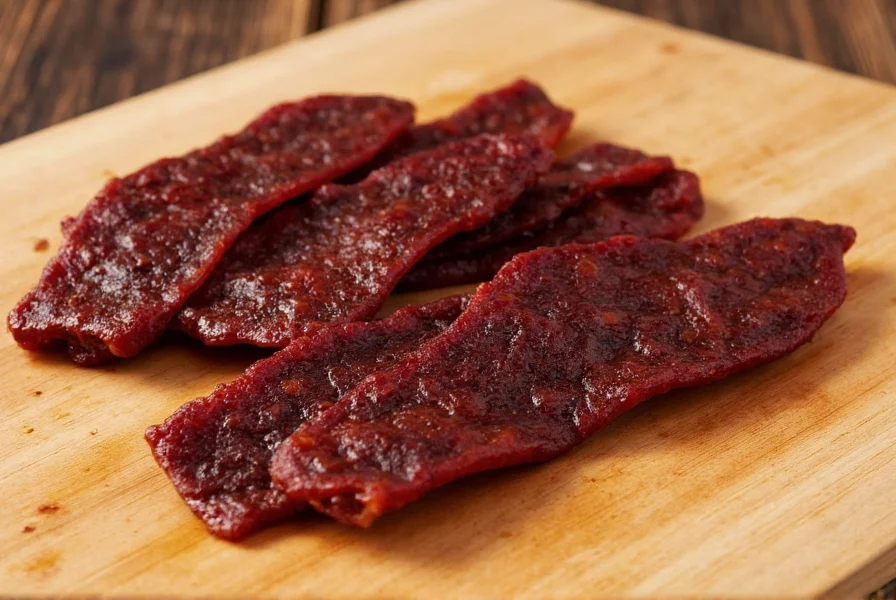 Close-up of Dr Pepper jerky strips showing glossy marinade coating and marbled texture on wooden cutting board
