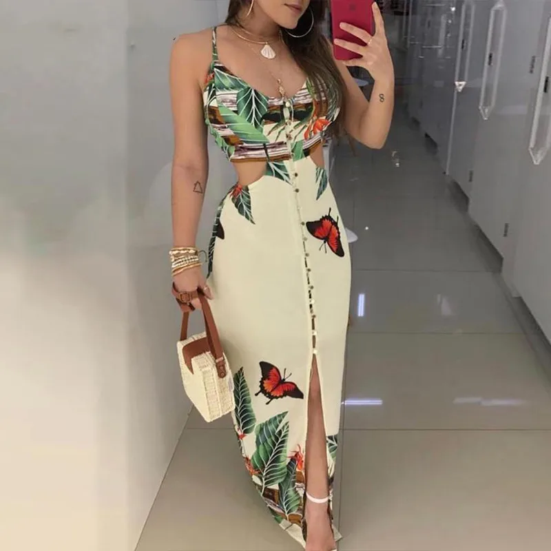 

Spaghetti Strap Tropical Print Cutout Dress Women Dress Elegant Casual Dresses, As pictures