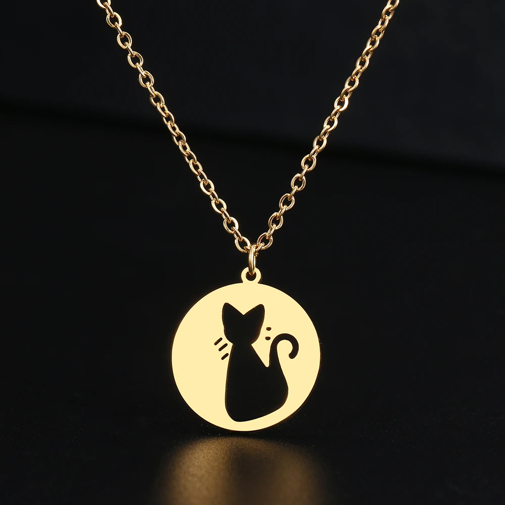 

Stainless Steel Necklaces Cute Round Hollow Cat Pendant Chain Collar Charm Fashion Necklace For Women Jewelry Party Gifts 1pcs, Silver gold