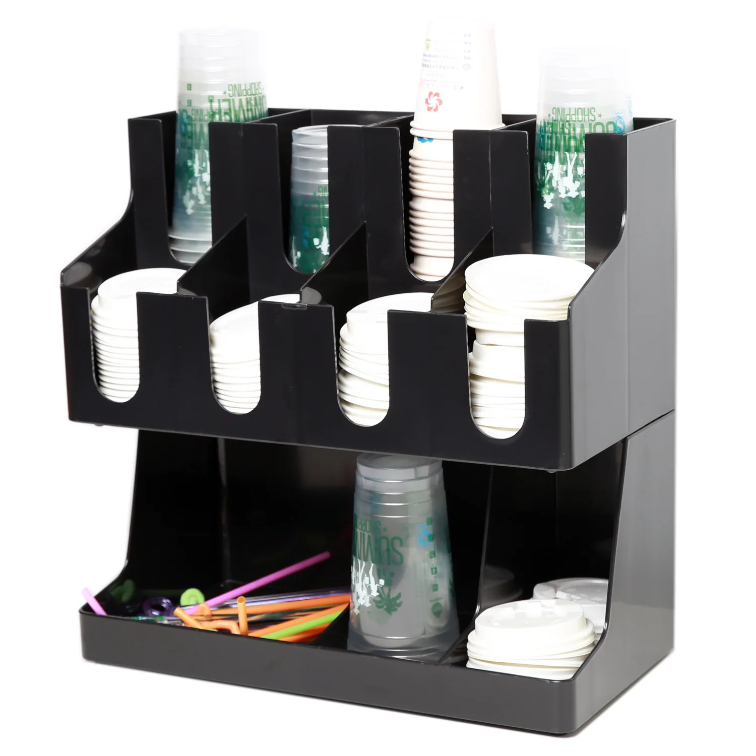 

Coffee Condiment and Cup Storage Organizer plastic disposable paper cup storage rack, Black