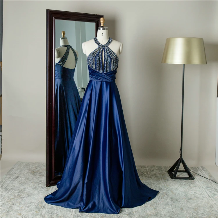 

Chaozhou factory bulk beaded dark blue exotic halter prom dresses for women