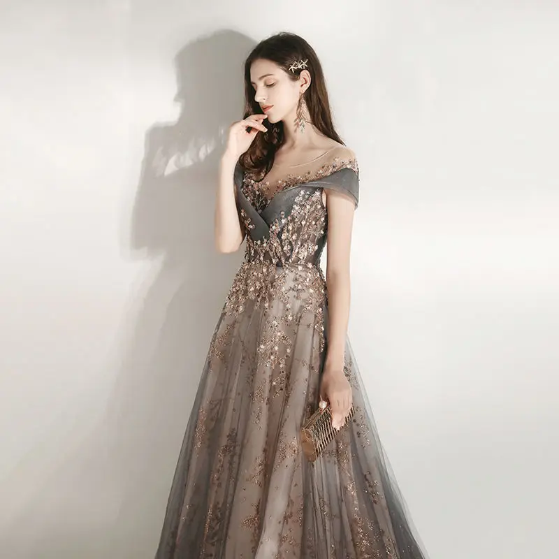 

Factory Direct Sale 2021 European And American Fashion Elegant And Noble Temperament Deep V-neck Diamond Dinner Evening Dress, Picture