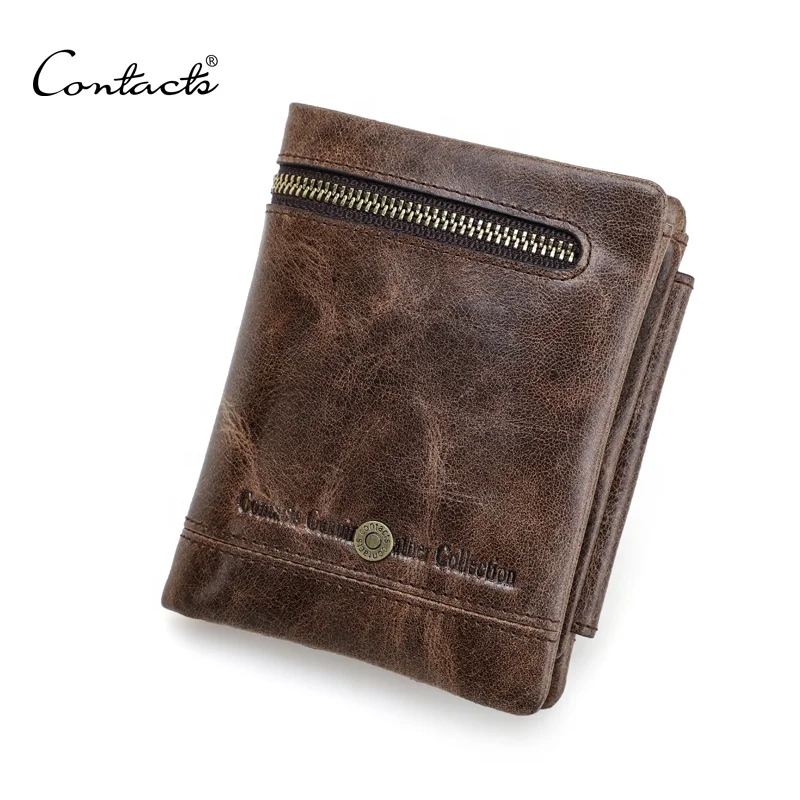 

Wholesale CONTACT'S vintage Crack skin cow leather tri-foldding RFID blocking hidden coin pocket slim short wallet for men, Dark brown/customize