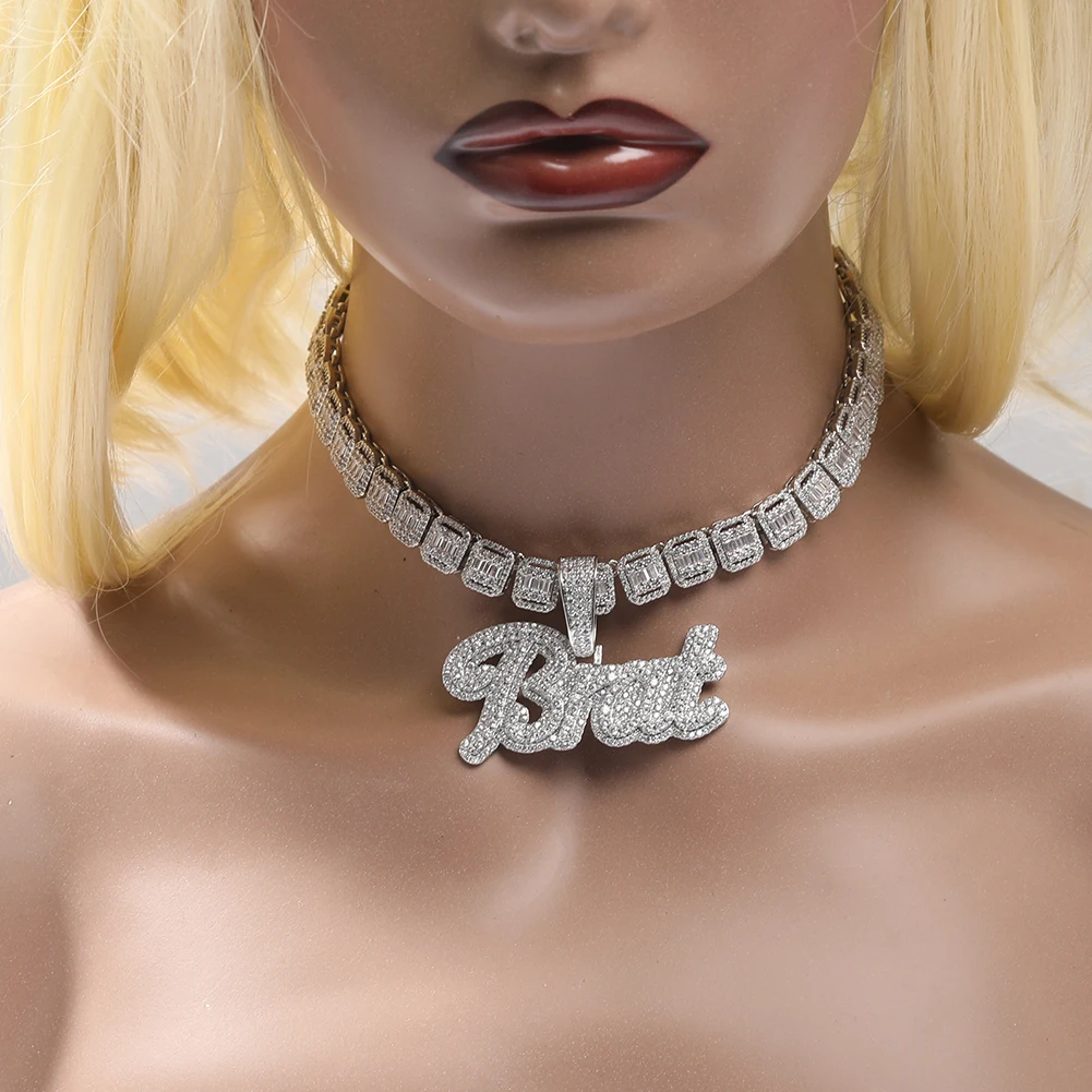 

street women iced out Baguette necklace custom name unique design three layers CZ hip hop personalized letter necklace jewelry