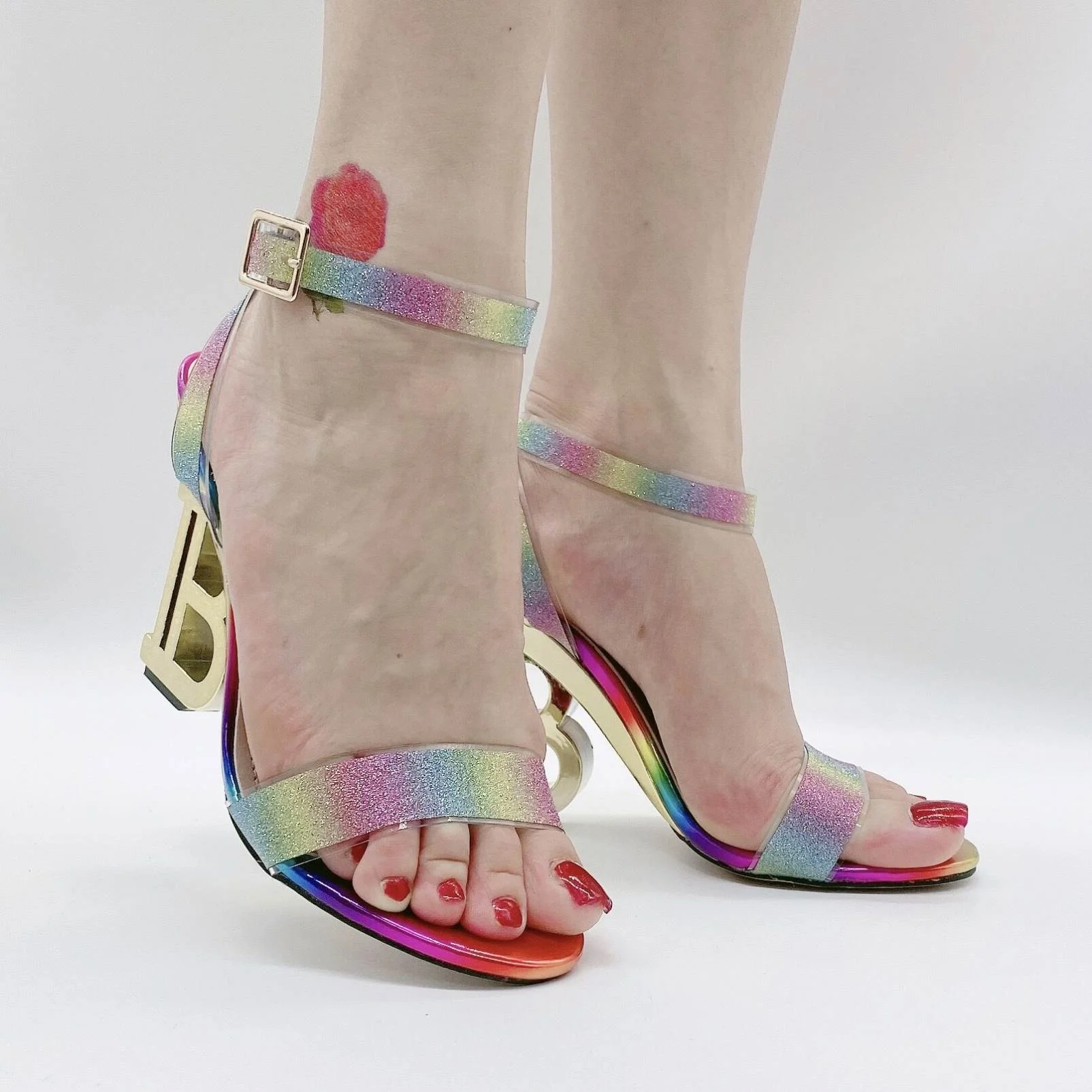 

Rainbow Slide Colorful Fashion High Heeled Sandals Women Pumps Letter B Wholesale PVC Clear Strap Special Heels Luxury Sandals
