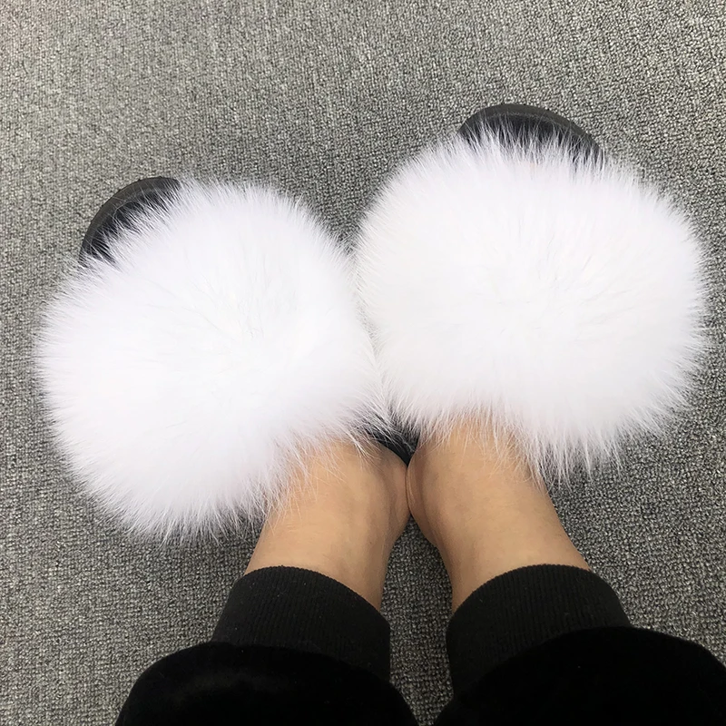 

Stable Quality Raccoon Fur Soft Sandals Wholesale Women Slippers Natural Color Fur Slides, Pink,yellow,white,black,green,or custom
