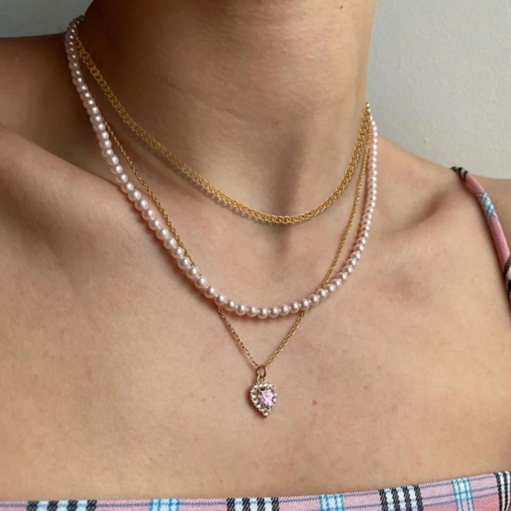 

Women Jewelry Party Dainty Elegant Multi Layer Pink Heart Shape Diamond Pearl Chain Necklace, Gold plated