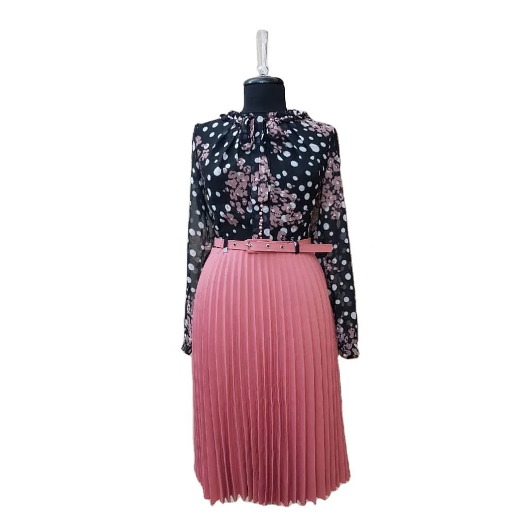 

African large size women's dress with beaded Temperament suit chiffon small floral bump clean color hem pleated A-line fat dress