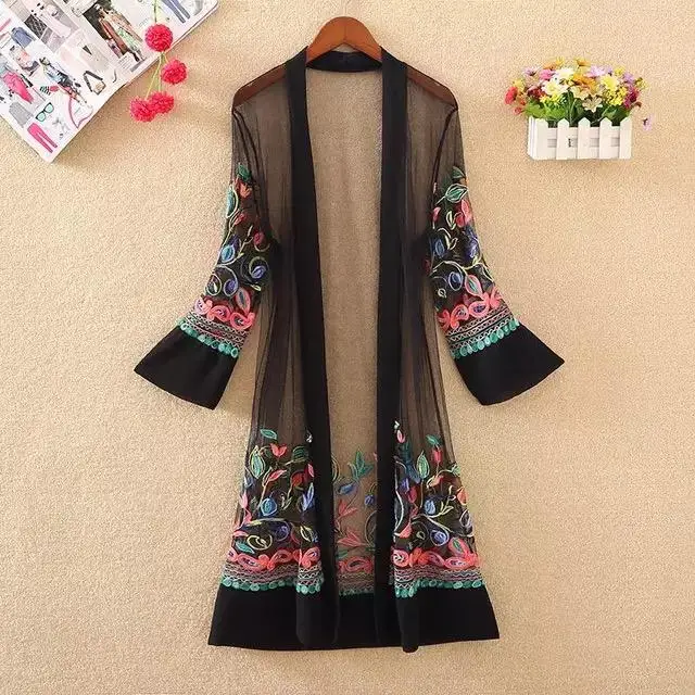 

Spring New Bohemian Style Women Casual Open stitch Lady Beach Style Long Sleeves Mesh Floral Embroidered Long Cover-ups Kimono