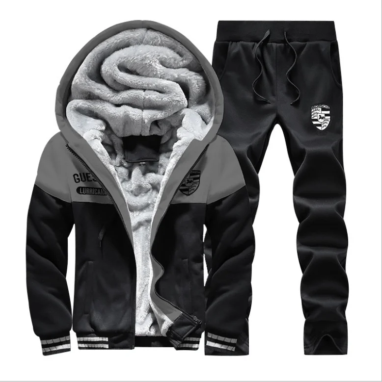 

Winter new add fleece hoodie suit for men sport suit matching color zipper long sleeve casual two-piece suit