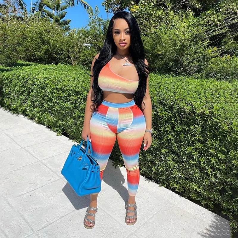 

Gradient Printed Colorful Sporty Athleisure Two Piece Outfits Women Sleeveless Crop Top+Pants One Shoulder Matching Sets