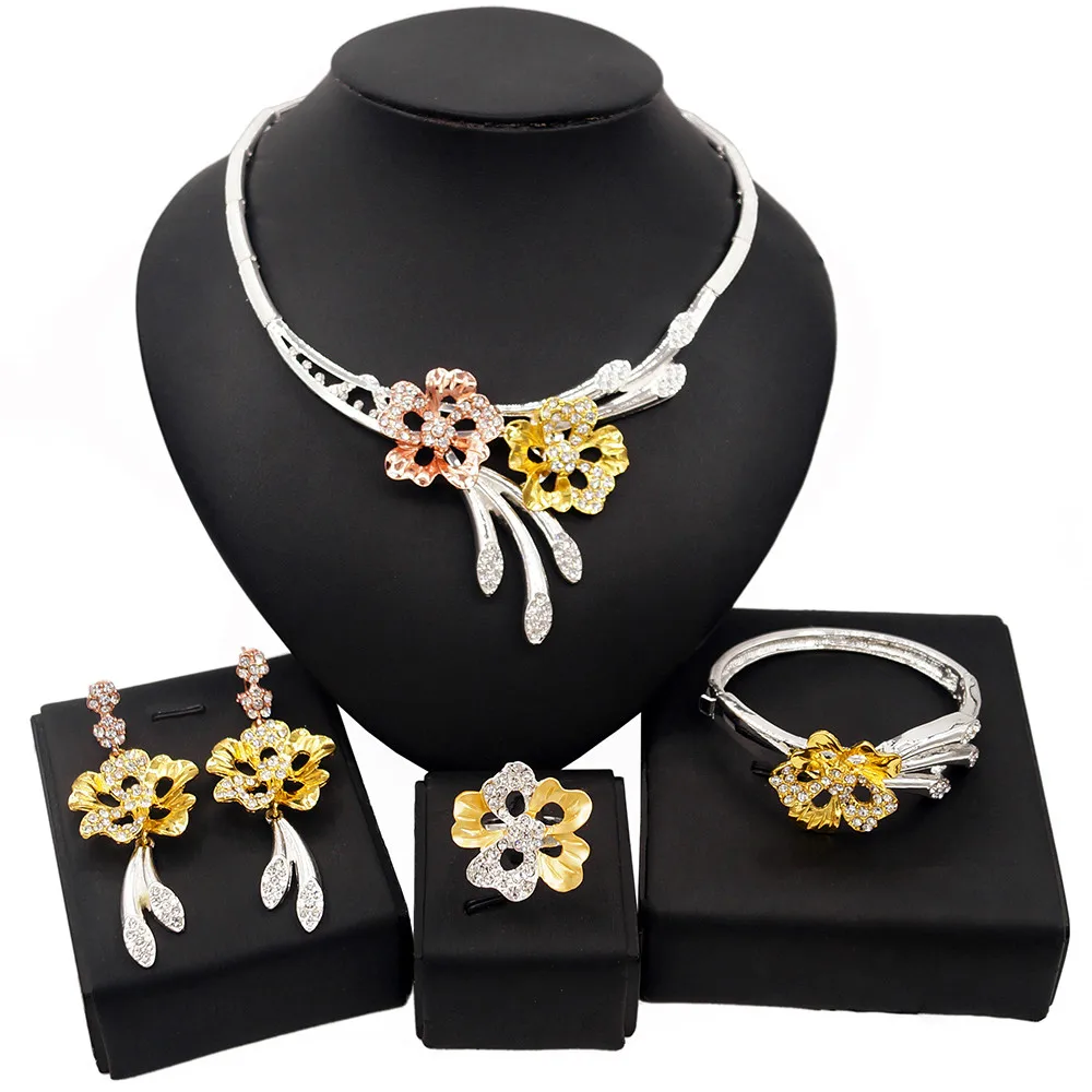 

Yulaili Silver Collars Color Flower Necklace Jewelry Set Bracelet Earrings Ring Best Costume Accessories Women's Jewellery Set