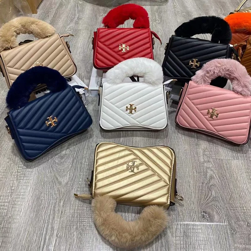 

New Trend Faux Fur Strap Women Hand Bags Solid Leather Clutch Bags Fashion Lady Famous Designer Stripe Purses