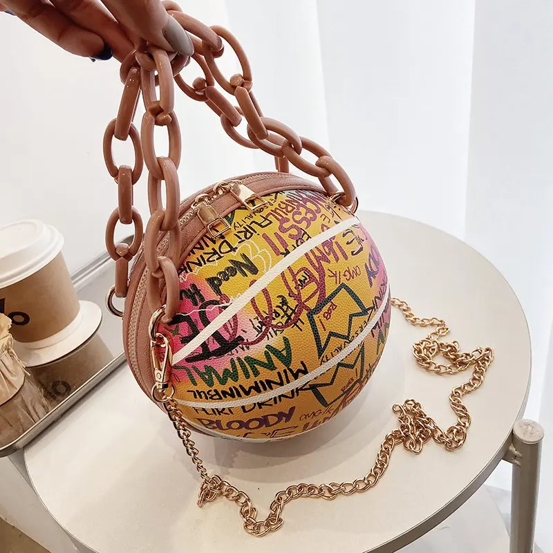 

Fashion printed round handbags Korean chain shoulder basketball bag Personality versatile graffiti lady handbags, 3colors