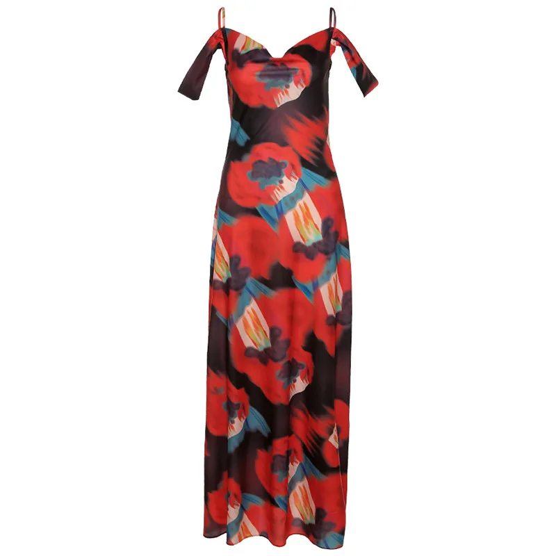 

New Women's Fashion One-shoulder Sexy Low-cut Print Mid-length Dress