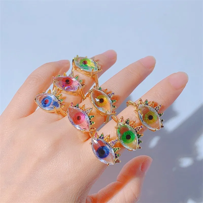 

2021 Personalized 18K Gold Plated diamond Crystal evil blue Eye Finger Open Adjustable Evil Eyes Ring, Multi