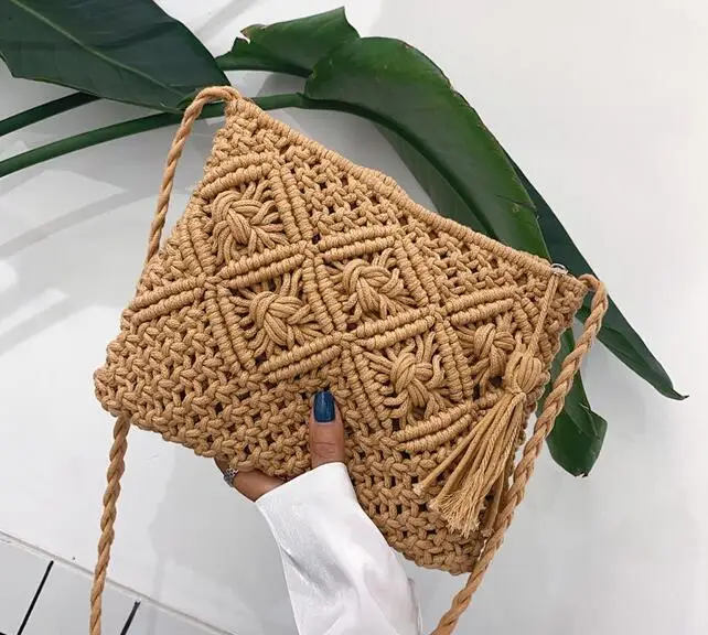 

Handmade Cotton Rope Straw Women Hand Bags Vintage CHandmade Cotton Rope Straw Women Hand Bags Vintage Crochet Macrame Beach Bag