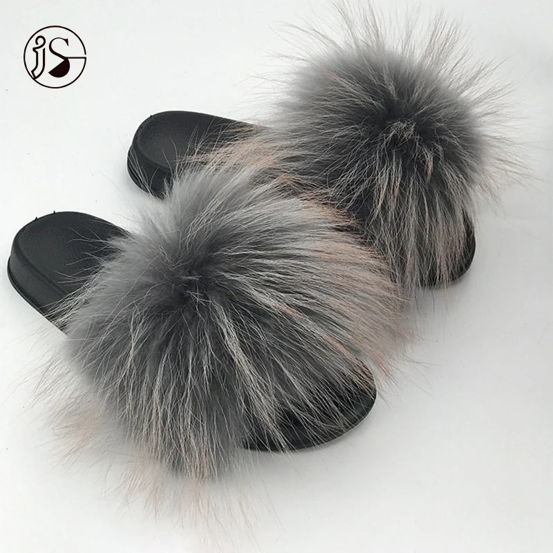 

2021 New Design Various Styles furry sandals Plush real big raccoon fur slippers Comfy women fur slides, Picture