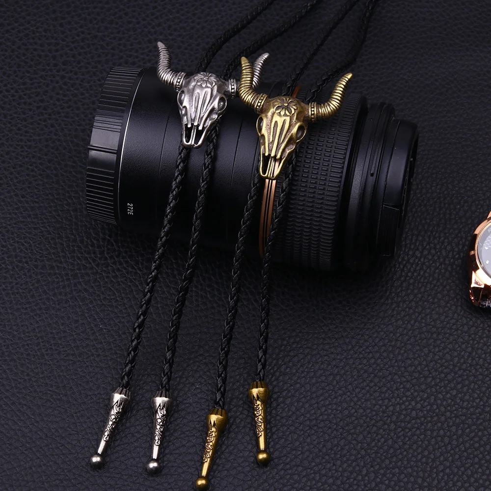 

Retro Personality Jewelry Creative Adjustable Leather Bolo Poirot Tie Necklace Bull Head Pendant Necklace For Women, As picture