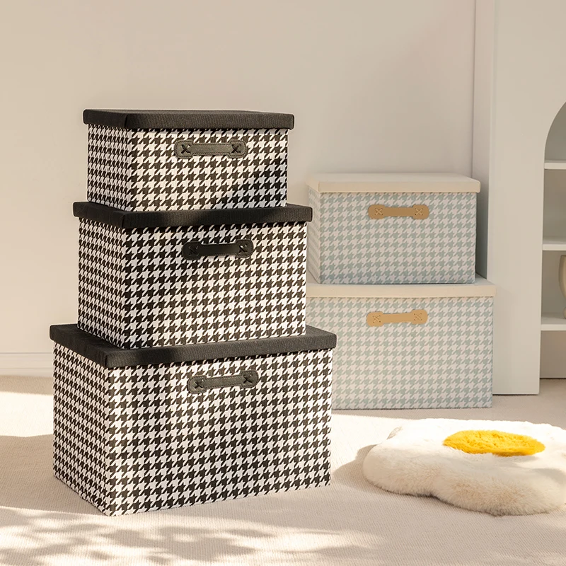 

2022 New Style Household Foldable Houndstooth Fabric Clothing Organizer Storage Box with Lid, Black/blue