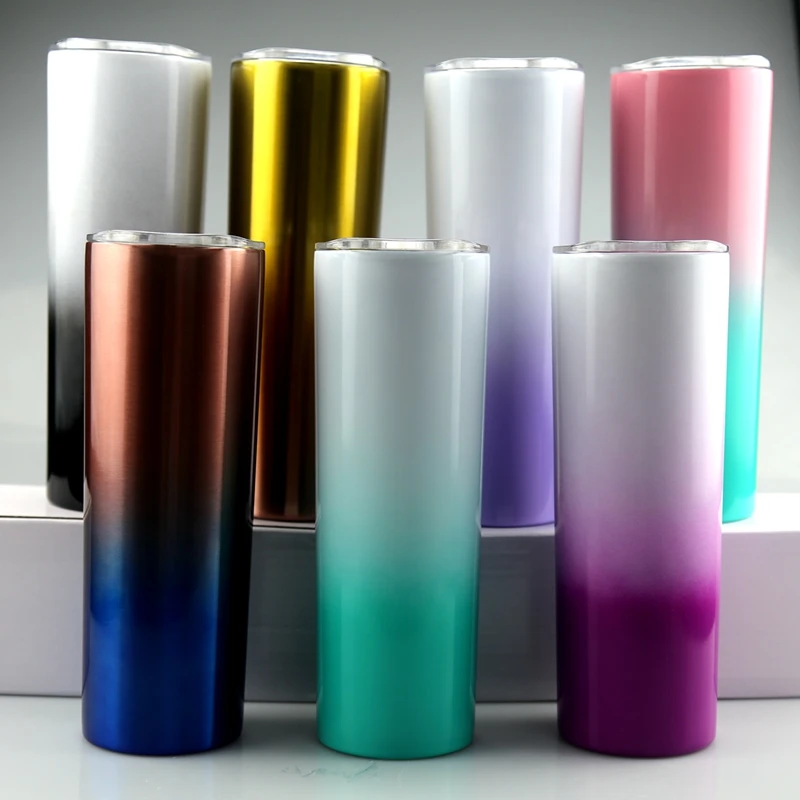

Wholesale 20oz Stainless Steel Tumbler Skinny gradient Double Wall Insulated Wholesale Skinny ombre Tumbler with straw and lid