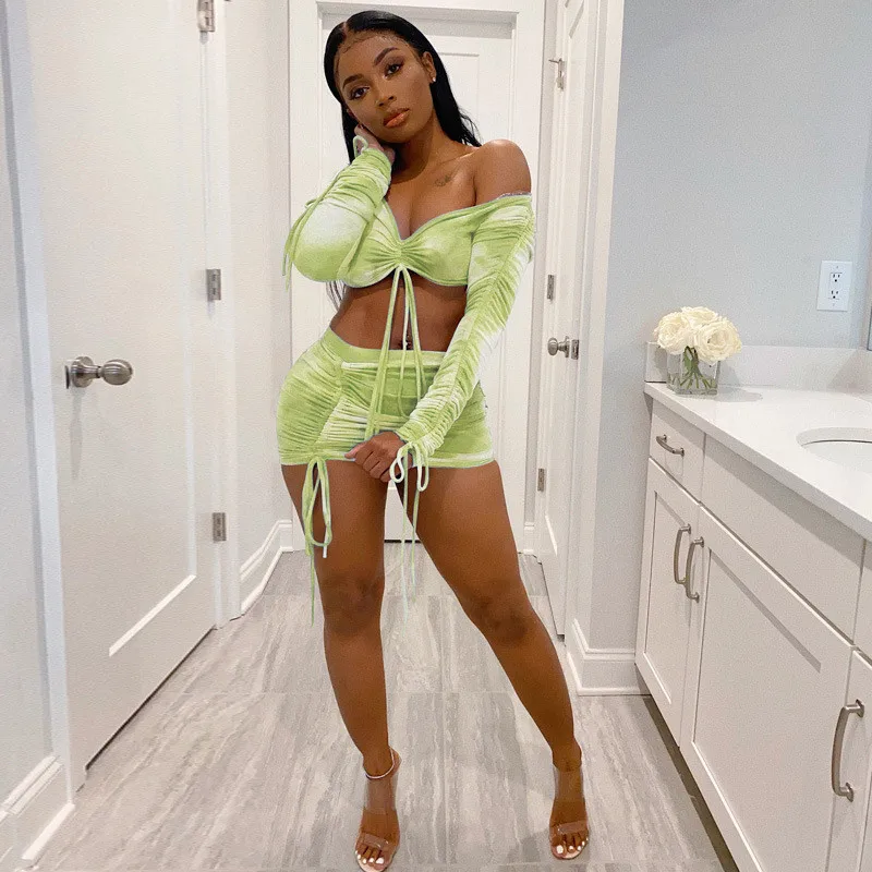 

D3640 New Style Ruched Bodycon Two Piece Set Tie Dye Women Dress