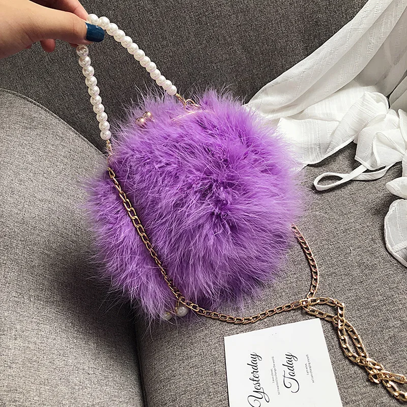 

Women Cute Designer Pearl Chain Sling Round Shape Fur Shoulder Bag Clutch Hand Bags Cross Body Purses Handbags Luxury, White,pink,brown,pink,beig,purple