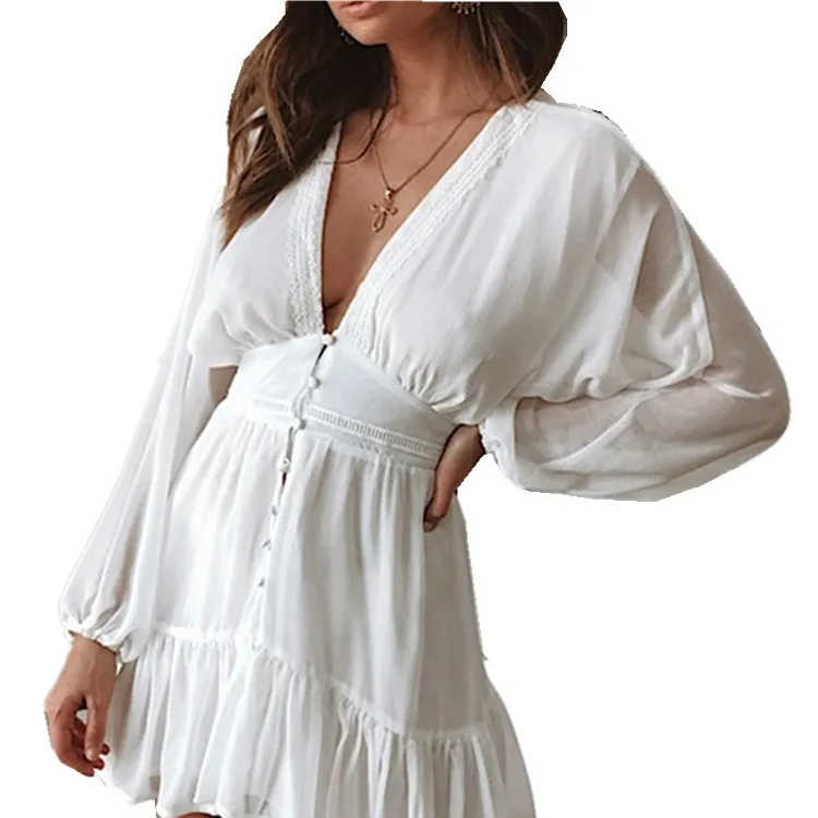 

Summer Fashion Sexy Deep V High Waist Solid Color Chiffon Long Sleeve Female Dress