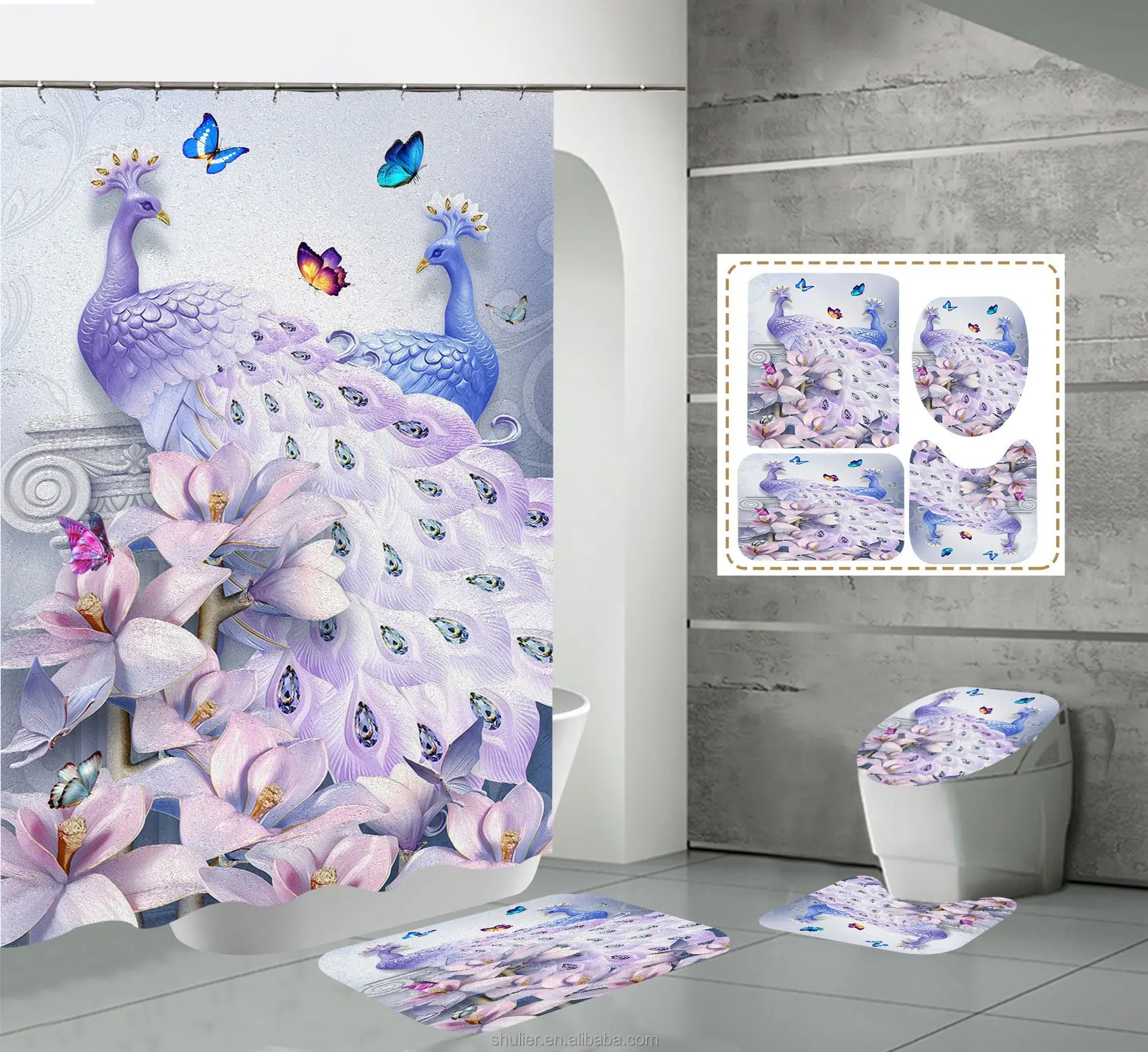 

Custom animal theme peacock pattern waterproof shower curtain set for the bathroom