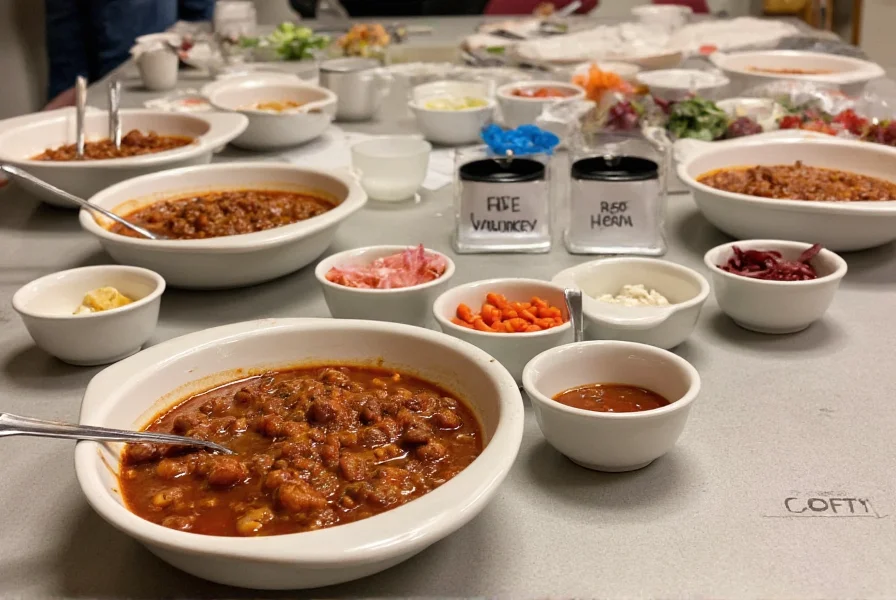 Office potluck setup with individual chili servings, toppings bar, and labeled dietary information