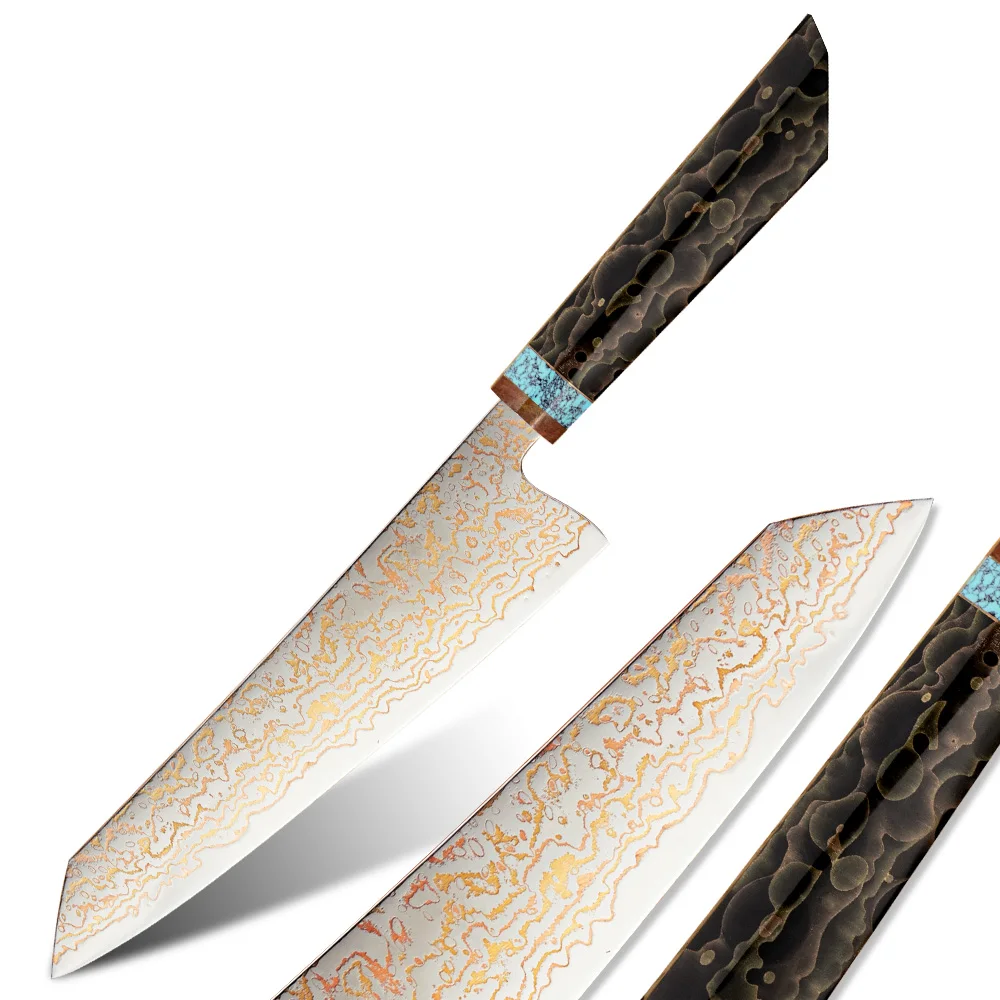 

High End Tri-color Copper Damascus Steel Knife VG10 Core Japanese Chef Knife with Customized Copper Mesh Resin Handle