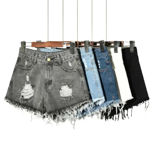 

Trendy Casual Plus Size 5x Plain Hot Pants For Women High Waist Summer Ripped Denim Shorts, Gray / white / black / deep blue / light blue