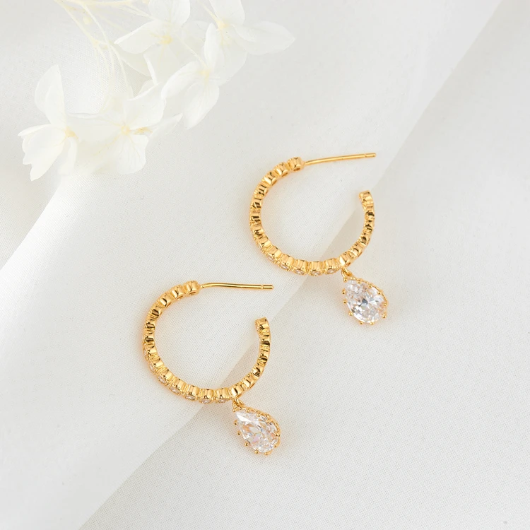 

New Arrival Micro Pave Hoops Dangle 14K Gold Plated Water Drop shape Cubic Zircon Dangle Stud Earrings