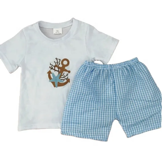 

Wholesale high quality children clothing summer embroidery pattern boy kids clothes outfit set, Picture shows