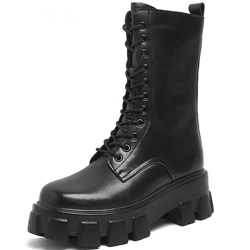 

Genuine leather Women's Platform Boots 2020 New Autumn Women Zipper Chunky Boots Fashion Lace up Lady Shoes Footwear