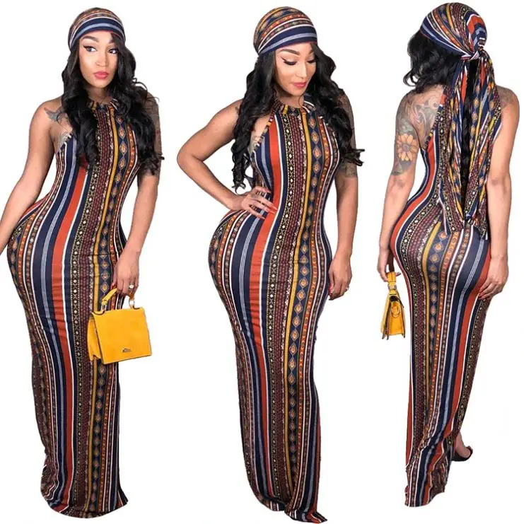 

0709M066 2021 New Design Summer Fashional Sleeveless Striped Print Loose Mesh Comfort Women Beach Maxi Long Dress With Headscarf