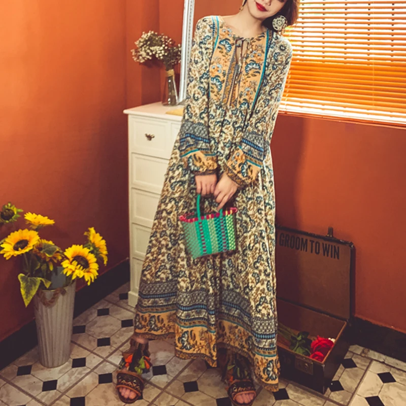 

2020 Summer New Bohemian Women Dress Lady Holiday Style Vintage Floral printed Loose Empire Lace up Long Maxi Dress Vestido