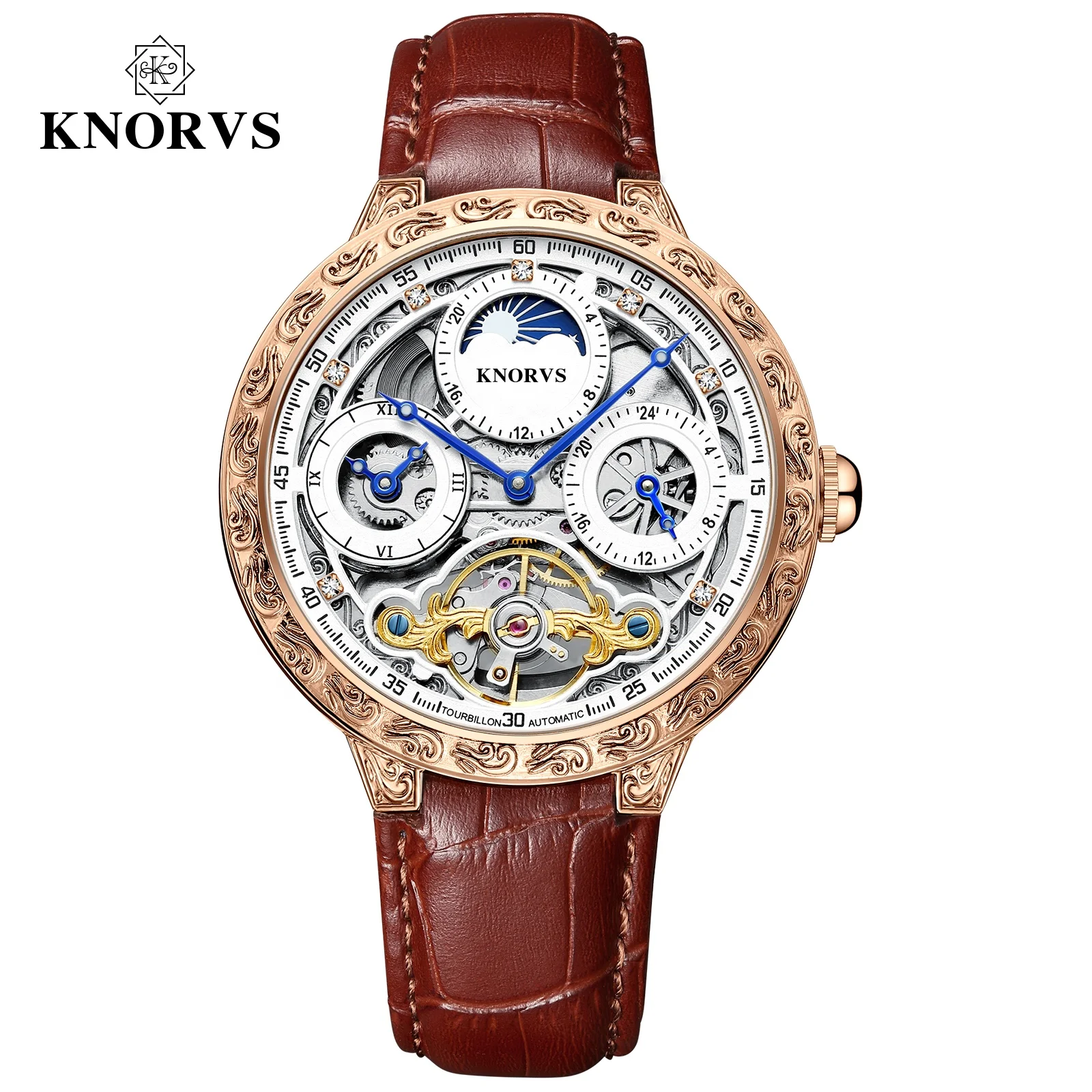 

KNORVS Switzerland brand new arrival Genuine Leather skeleton luxury Tourbillon movement mechanical watch wrist watches