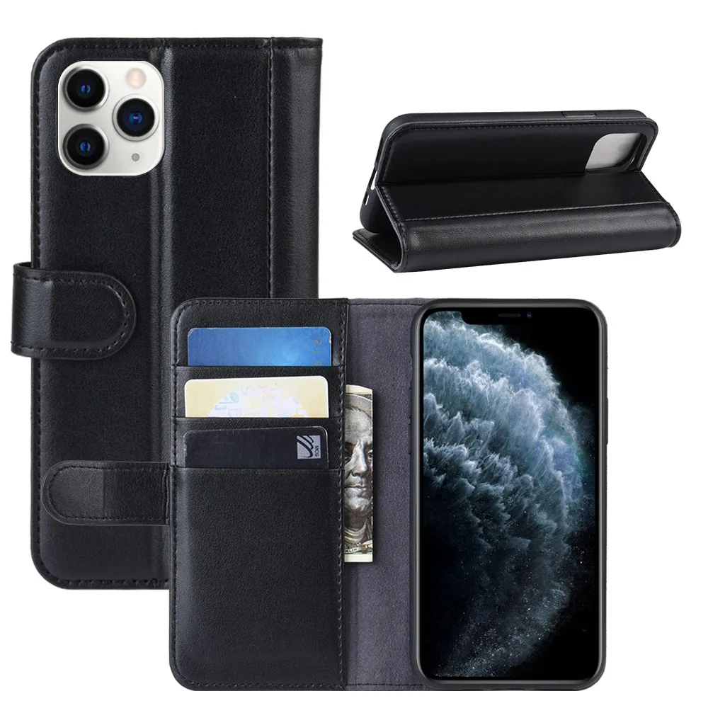 

SUNDO Factory Directly Sale Geniune Leather Phone Cover Flip Wallet Case For iPhone 11 Pro Wallet Case, Black/brown