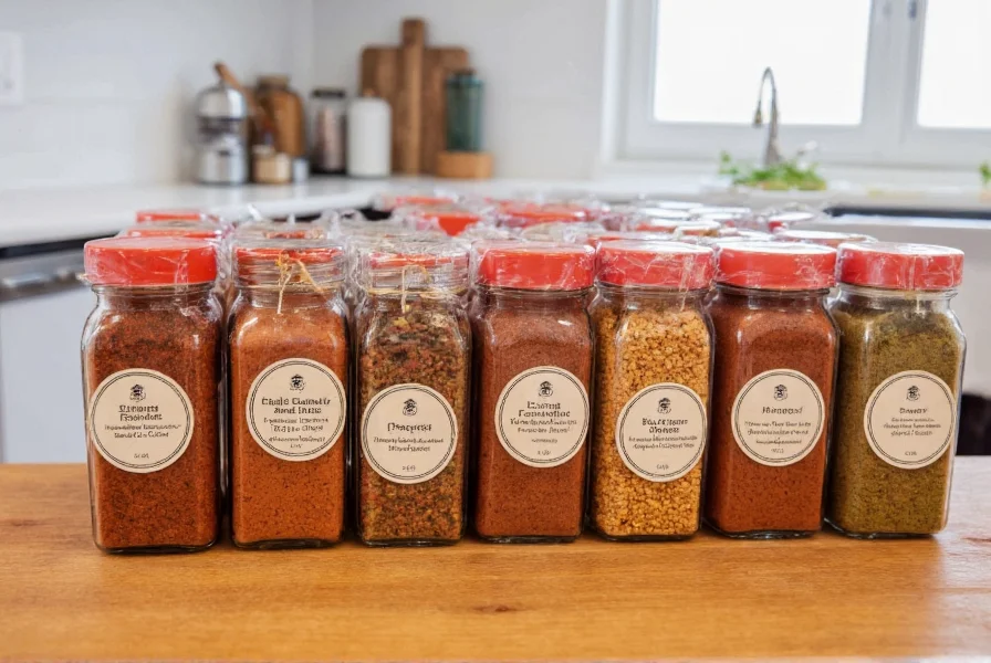 Various spice containers labeled with crushed red pepper substitutes arranged on wooden kitchen counter