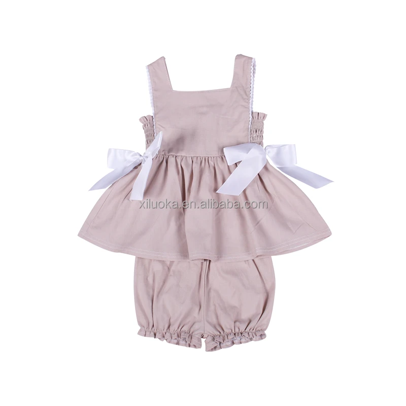 

2021 New Design Plain Color Linen Baby Girl Clothing Set Kids Boutique Outfits