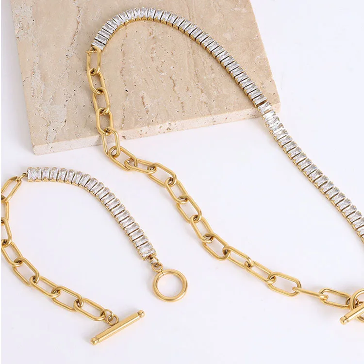 

18k Gold Plated Stainless Steel Rectangle CZ Zircon Pave Tennis Slide Chain Toggle Clasp Necklace and Bracelet Jewelry Set