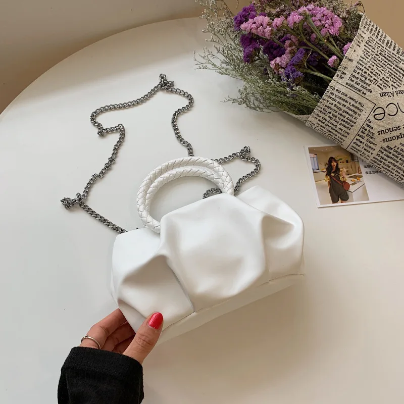 

2021new product solid color woven handle cloud bag mini fold female crossbody handbags shoulder hand bags ladies luxury women, 4 colors