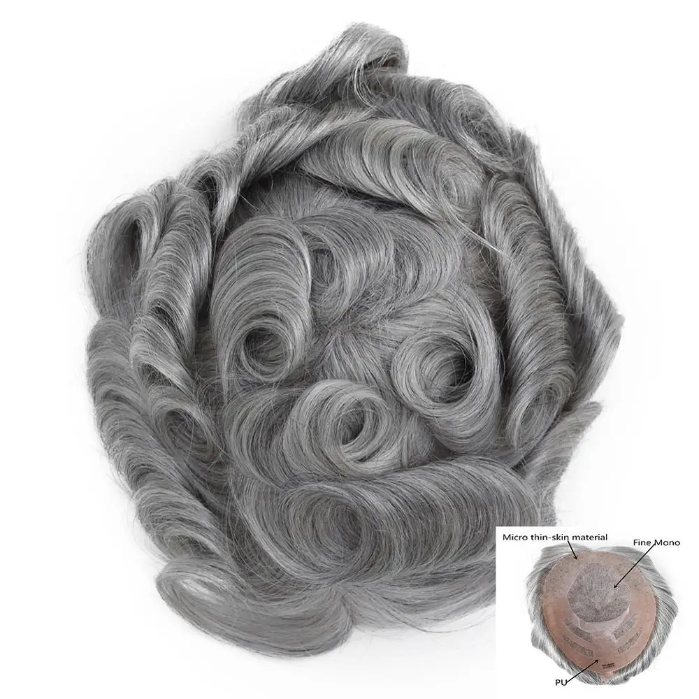 

#1B80 Men Unit Durable Hair Replacement Nature Grey Hair Toupee Fine Mono Thin Skin Front Mens Toupee Systems Gents Hair Wig