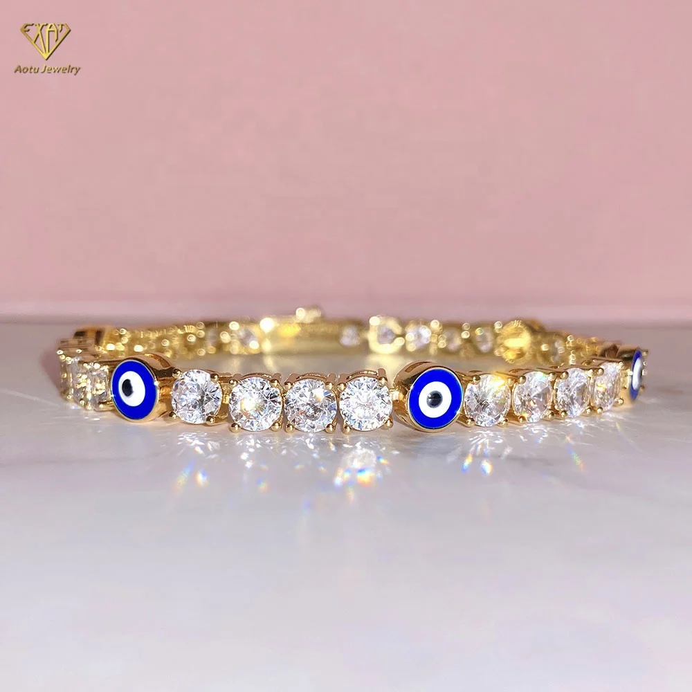 

18K Gold Plated Bracelet Blue Evil Eyes Cubic Zirconia Diamond Tennis Chain Anklet