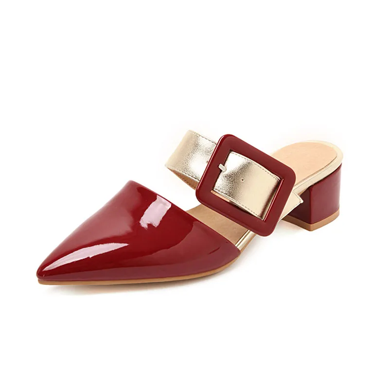 

Red Patent Leather Belt buckle Ladies Pointed Toe Commuter slippers