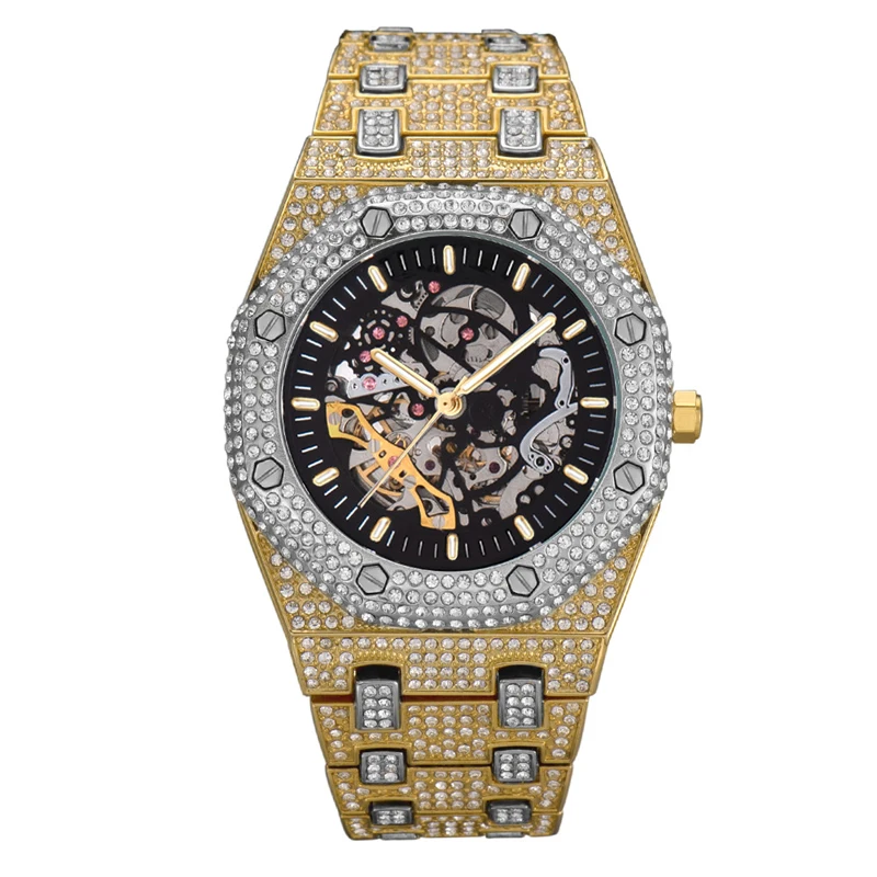 

Elu jewelry RTS Hip Hop Luxury Jewelry Inlaid Iced Out Diamond Automatic Mechanical Men Watch, Yellow gold,white gold ,rose gold