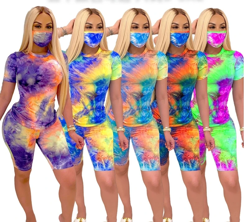 

summer clothing tie dye biker short sets 2 piece women joggers suits set