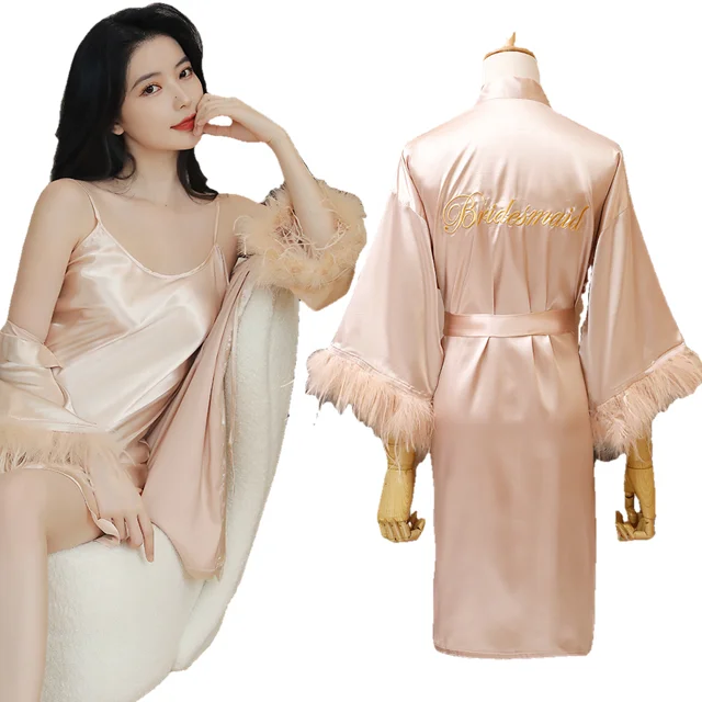 

Luxury Feather Robe Ladies Pajamas Bath Lounge Wear Plus Versache Robes Femme Stretch Satin Silk Robe Women's Sleepwear, As below