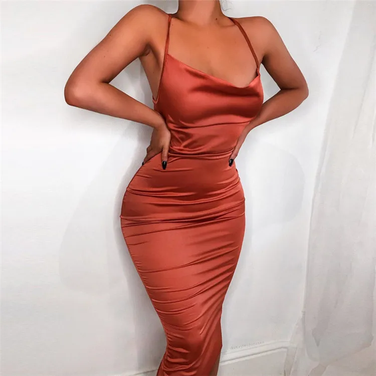 

women sexy backless outfit club cloth neon satin long midi bodycon dress, Red, green, black, coral red, champagne powder